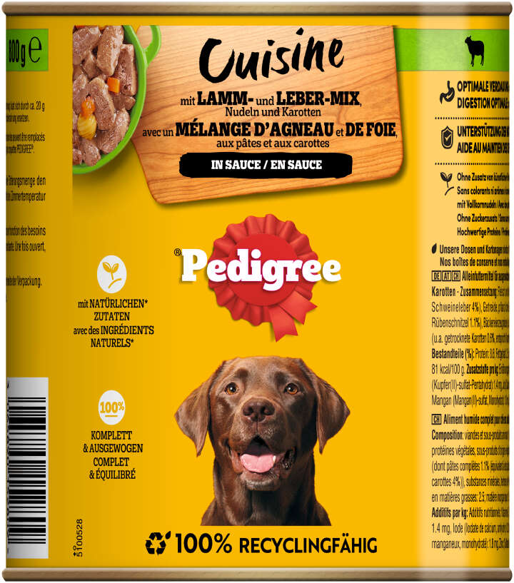 Pedigree Hunde-Nassfutter Cuisine mit Lamm- und Leber-Mix, Nudeln und Karotten in Sauce
